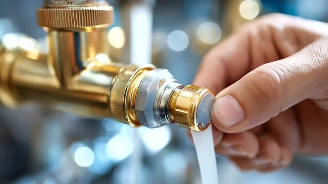 Plumber sequence tightening fittings, testing flow, wiping area, realism, finish, quality assurance, cleanup, professionalism, with copy space