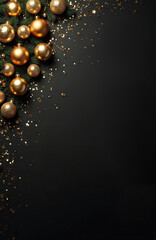Fototapeta premium Gold Christmas ornaments, pine branches create festive mood on dark background. Sparkly confetti adds to celebratory feel. Perfect for New Year, winter holiday designs, invitations, greeting cards,