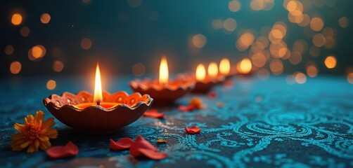 Row of lit diya oil lamps on dark patterned cloth. Diwali festival tradition, glowing flames in earthen pots, red flower petals scattered. Festive spiritual illumination, bokeh lights background.