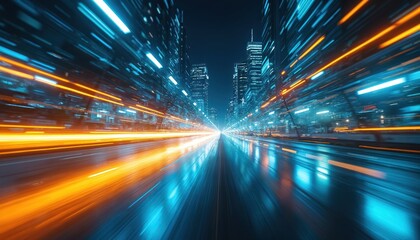 Futuristic city street at night with light trails from vehicles. Tall buildings with glowing windows create a sense of speed and advanced technology. Abstract motion blur effect.