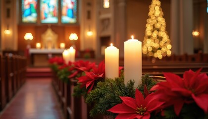 Obraz premium Candles and poinsettias adorn church aisle for Christmas Eve. Blurred Christmas tree and stained glass windows in background. Warm festive spirit fills sacred space.