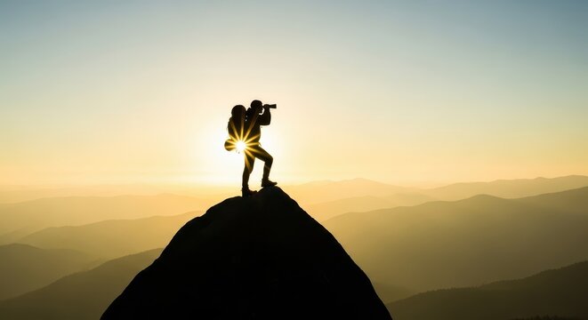 Silhouette of a hiker with a backpack standing on a mountain peak, looking through binoculars at the vast landscape during a radiant sunrise, symbolizing achievement and vision.