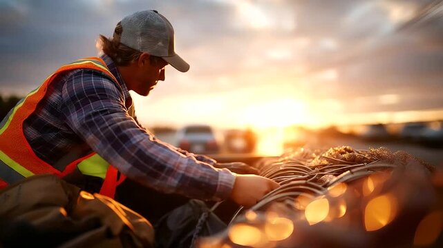 Roofer tying harness and loading shingles on pickup before heading to site, realism, safety gear, PPE, construction, prep, early morning light, with copy space