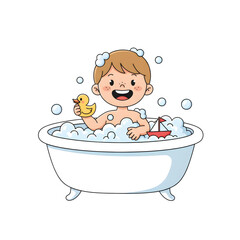 Naklejka premium Cute Cartoon Kid Taking a Bath – Vector Illustration
