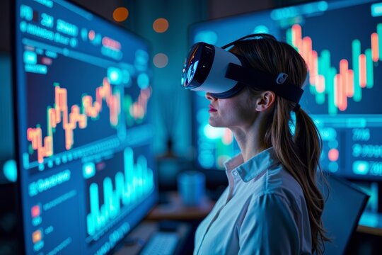 Female Business Analyst Immersed in Seamless Blend of Technology and Analytics Through Virtual Reality Data Projections