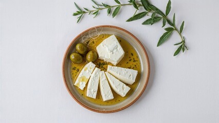 Slices of feta cheese in olive oil with herbs on a plate, accompanied by green olives and fresh herbs.