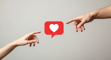 Two hands reaching out to a red social media like notification icon, symbolizing connection, digital engagement, online popularity, and "The Creation of Adam" concept.