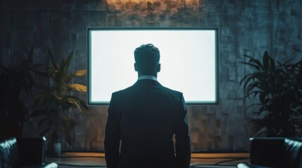 Businessman experiences frustration as colleagues exit the room, staring at a blank presentation screen in low light setting with cinematic shadows