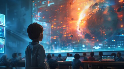 Curious students experience the future of learning with holographic AI systems in a vibrant classroom setting