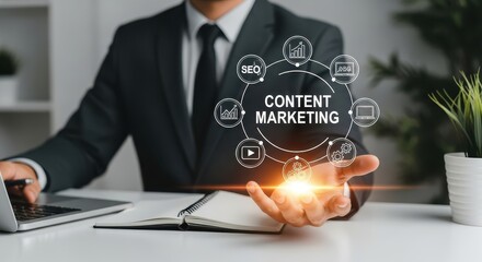 Businessman holding a digital display with "CONTENT MARKETING" text and related icons, representing online strategy, SEO, and digital communication.