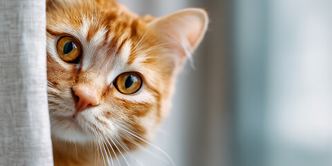 Adorable orange cat peeking curiously from behind a curtain with wide golden eyes