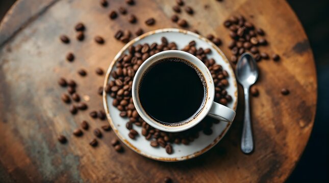 op-view flatlay of a cup of black coffee on a saucer with scattered roasted coffee beans and a small spoon on a rustic wooden table, warm natural light, no hands, no humans, cozy cafe atmosphere.