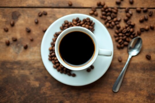 op-view flatlay of a cup of black coffee on a saucer with scattered roasted coffee beans and a small spoon on a rustic wooden table, warm natural light, no hands, no humans, cozy cafe atmosphere.