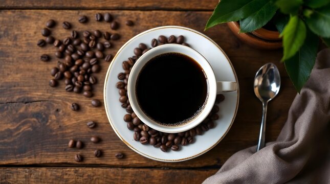 op-view flatlay of a cup of black coffee on a saucer with scattered roasted coffee beans and a small spoon on a rustic wooden table, warm natural light, no hands, no humans, cozy cafe atmosphere.