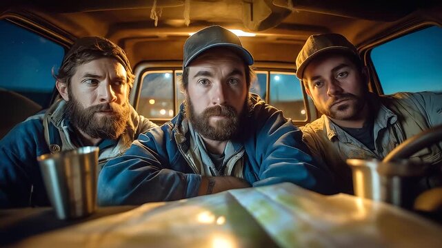 Team carpool in pickup truck at dawn to remote jobsite, thermos mugs, maps on dashboard, realism, camaraderie, commute, construction crew, with copy space