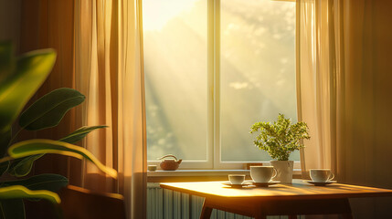 A bright and warm home interior bathed in golden morning light, breakfast on the table, calm weekend mood.