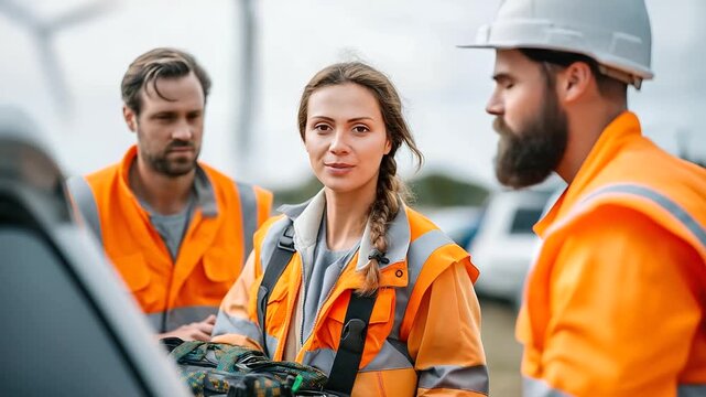 Wind turbine techs loading harnesses and torque tools into 4x4, realism, renewable energy, remote site, prep, teamwork, with copy space