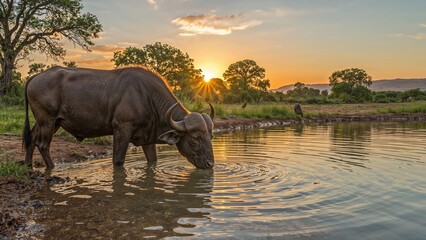 A buffalo drinking water at sunset in a natural landscape.