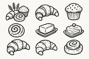 Butter croissant bakery morning pastry muffin cinnamon selection set icons dish icon