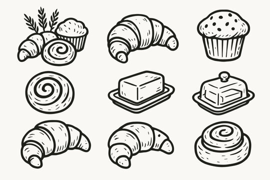 Butter croissant bakery morning pastry muffin cinnamon selection set icons dish icon