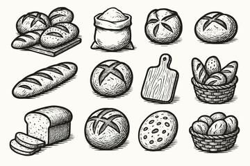 Icons bakery wooden scene sack vector loaf basket bread board artisan icon