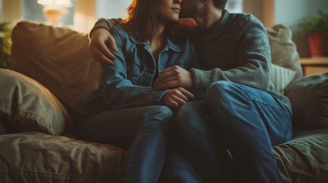 Couple sitting silently on a couch in morning light, hands close but not touching, expressing a subtle sense of misunderstanding in a realistic, emotional scene