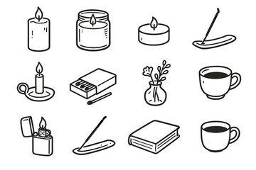 Candle ceramic holder book decor vector cup matchbox tealight lighter icon