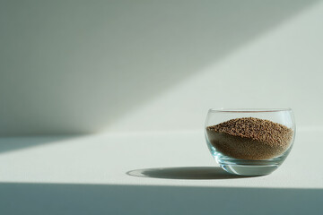 minimalistic composition featuring crystalclear glass bowl filled with grains on clean white background