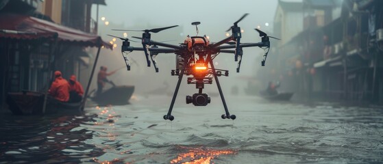 Drone uses artificial intelligence to rescue people in flooded urban area, showcasing innovation and hope during a natural disaster