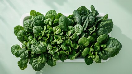 Fresh spinach leaves in a white container on a light green background. Healthy vegetable, leafy greens, food ingredient, and natural produce display.