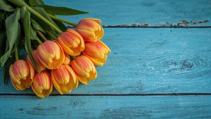 Bouquet of yellow and orange tulips resting on a blue wooden surface.