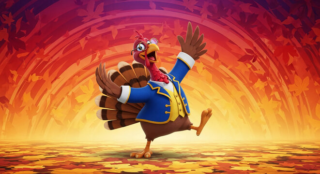 Cartoon turkey wearing jacket with arms raised, standing on leaves against abstract orange backdrop. Represents holiday celebration and festivities
