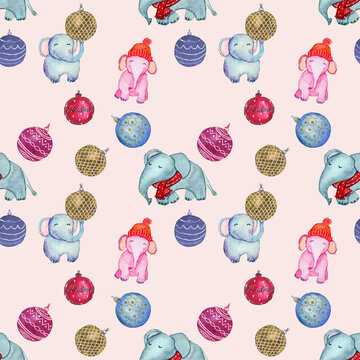 Pattern con graziosi elefanti colorati e palline di Natale, illustrazione ad acquerello su sfondo rosa