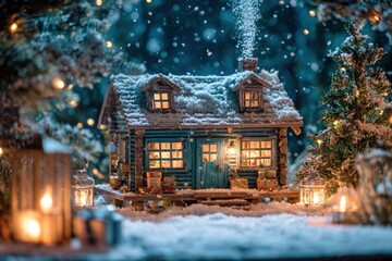 Miniature wooden cabin scene displays warm light glowing through windows amidst falling snow and festive decoration