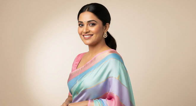 Beautiful Indian Woman Smiling in Colorful Saree with Traditional Jewelry - Powered by Adobe