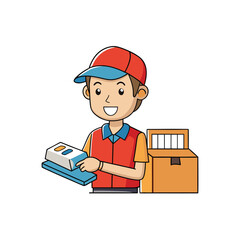 Delivery man scanning package barcode before shipment
