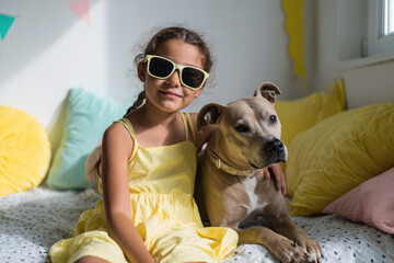 child and dog wearing matching glasses sharing delightful moment together