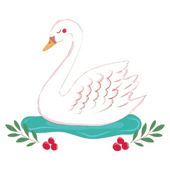 Charming hand drawn swan floating on water with green leaves and red berries. Perfect for greeting cards, nursery decor, or seasonal designs. Vector