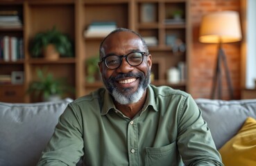 Headshot of cheerful man with beard in glasses. He is relaxing on sofa at home. Mature man in his 50s sits, enjoys life and time alone at cozy apartments looks at camera.