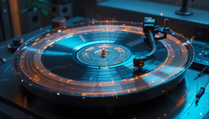 Close up of a spinning vinyl record with colorful lights reflecting