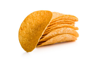 Crispy potato chips isolated on white background.