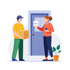 Obraz premium Courier handing package to customer at home door