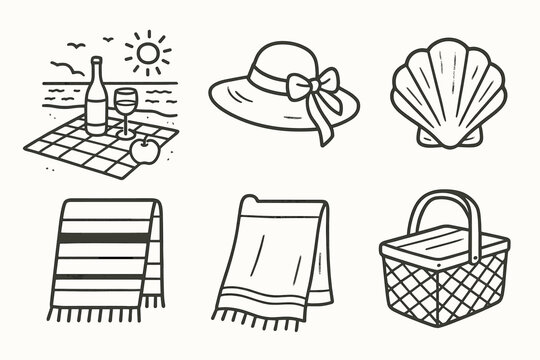 Picnic hat coastal vector sun icons seashell basket icon handdrawn towel