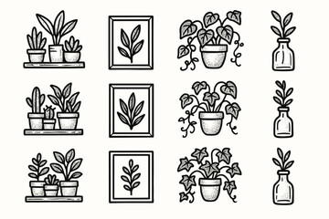 Botanical icons vector glass framed bottle icon shelf plant ivy pot decor