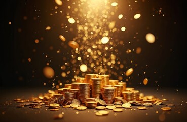 Golden coins rain falls on money stack. Glittering gold coins shine. Concept for wealth fortune success award prize rich jackpot celebration cash banking finance casino or gambling.