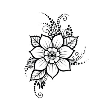 Black and white floral design with swirling vines and dots flower
