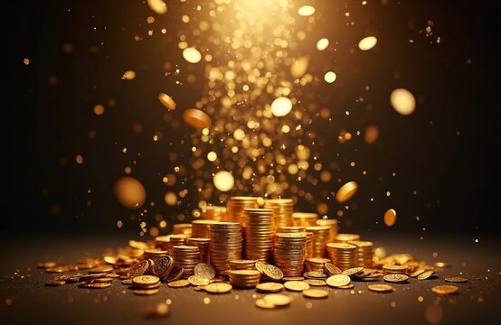 Golden coins rain falls on money stack. Glittering gold coins shine. Concept for wealth fortune success award prize rich jackpot celebration cash banking finance casino or gambling.