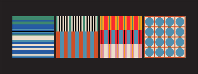 A set of modern abstract geometric patterns with colorful stripes and circle grid designs.
