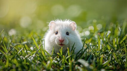 A cute hamster peeking through green grass in a natural outdoor setting.