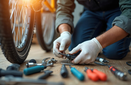 Close-up of skilled mechanic repairing bicycle wheel in workshop. Focused hands using tools, expertise, precision. Bright lighting highlights intricate repair process. Ideal for cycling businesses